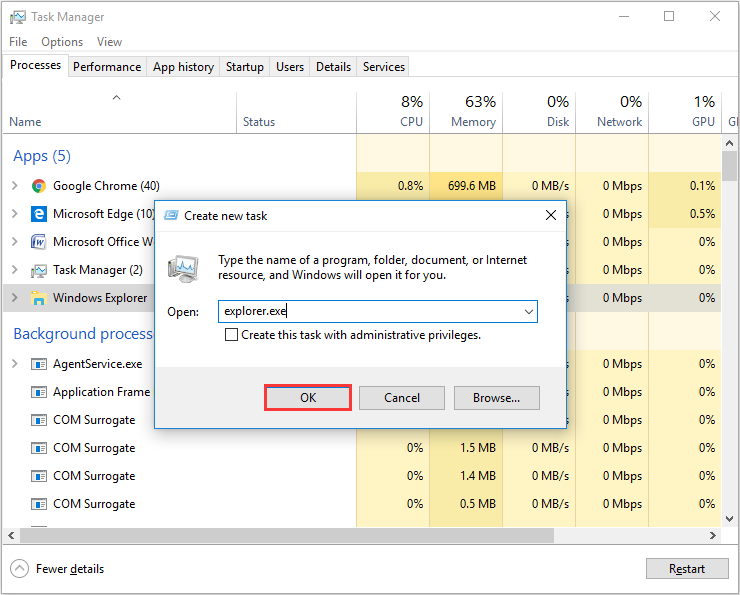 You restart Windows Explorer to fix file explorer not responding 4
